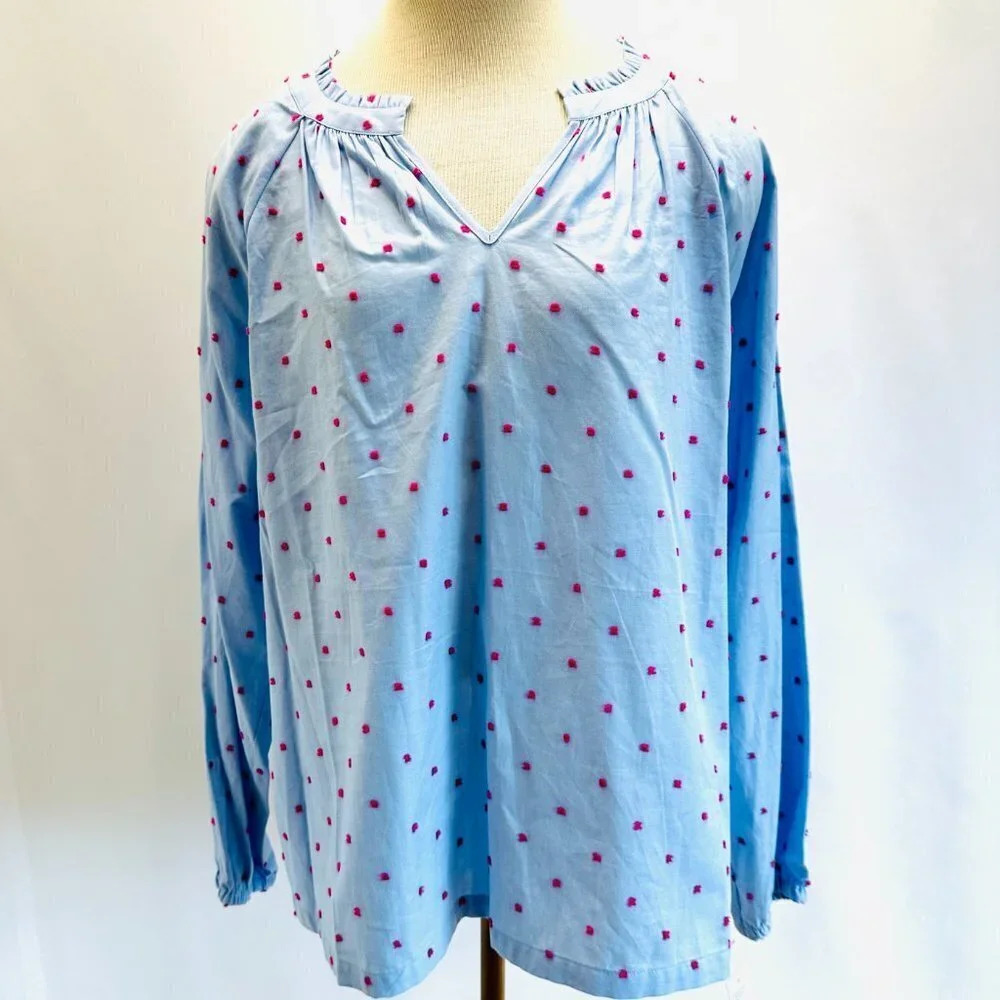 NWT CROFT & BARROW Women Long Sleeve Pullover  Polk-a-Dots Blue Shirt Size XXL